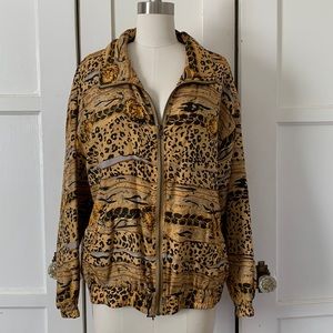 VTG 90s 100% Silk Leopard & Gold Chain Print Lightweight Jacket Sz M